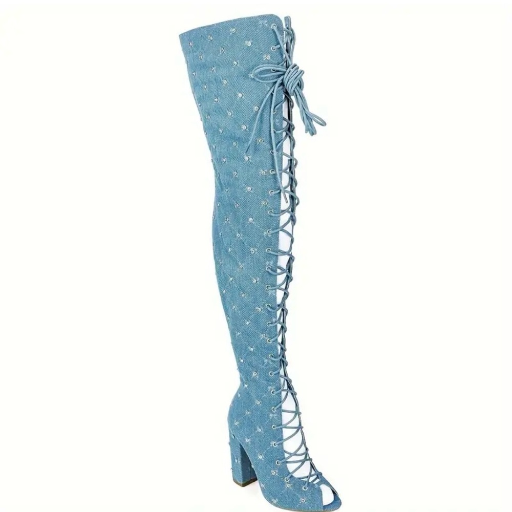Stylish Denim Lace-Up Over-the-Knee Boots